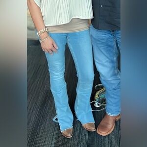 We The Free Faded Blue Straight Leg Frayed Jeans with bootcut slit